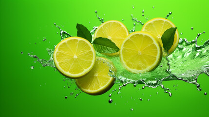 Slices of fresh and ripe lime with ice cubes, splashing water and mint leaves