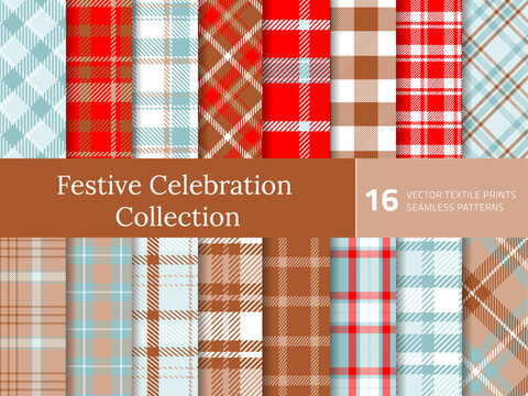 Set Tartan Plaid Seamless Pattern. Texture for plaid, tablecloths, shirts, clothes, bedding, blankets and other textile. Collection of Christmas red and brown  backdrops. Vector illustration. Vol 01