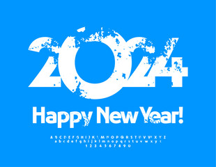 Vector artistic Greeting Card New Year 2024! Creative White Font. Modern Textured Alphabet Letters and Numbers set.