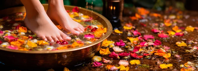 Fototapete Massagesalon Spa treatment for feet with beautiful pedicure in golden Thai bowl water with flower petals.Body care. Beauty salon.Close-up of a woman washing delicate and smooth feet. Ultra wide banner.Copy space