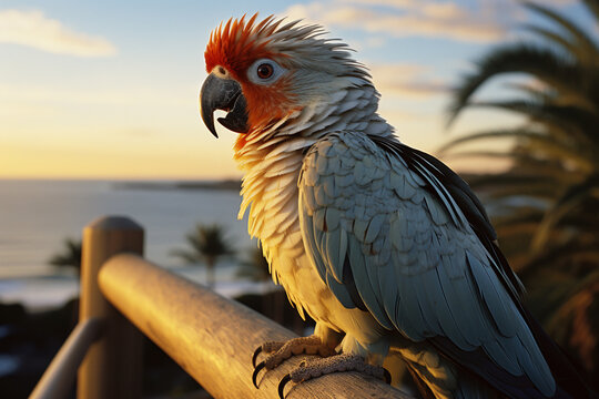 A captivating image of a parrot perched on a palm tree, overlooking a beach at sunset.
