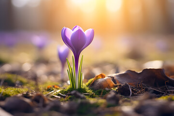 Purple crocus spring flower blooming during early spring with copy space