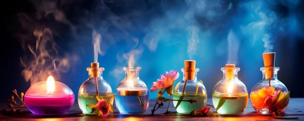 Fotobehang Schoonheidssalon Various healing herbs in bottle with dropper aromatic oils in rows on a wooden board of brightly colored flowers with vaporizing effect.Spa products for health,beauty.Serum,facial oil. Ultra wide