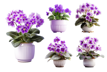 Vibrant Indoor Garden: Flourishing African Violets in Colorful Ceramic Pots 