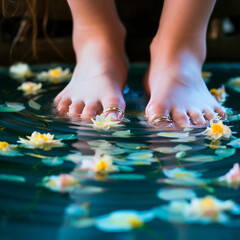 Spa treatment for feet with beautiful pedicure in golden Thai bowl with water with flower petals. Body care. Beauty salon. Close-up of a woman washing delicate and smooth feet