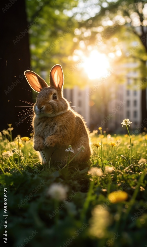 Aufkleber a rabbit sitting in the grass in front of a building. generative ai.