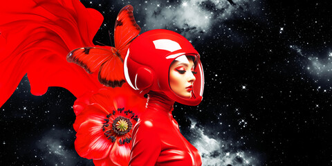 Fashion collage art. Stylish Lady astronaut in cosmic space. Chill out, relax mood
