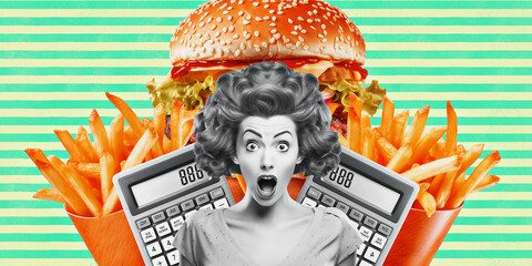 Contemporary collage art. Woman and calories problem. Diet, fast food concept - obrazy, fototapety, plakaty