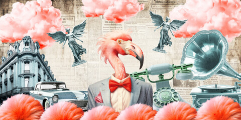 Fashion collage art. Stylish flamingo in retro space. Travel, vintage concept