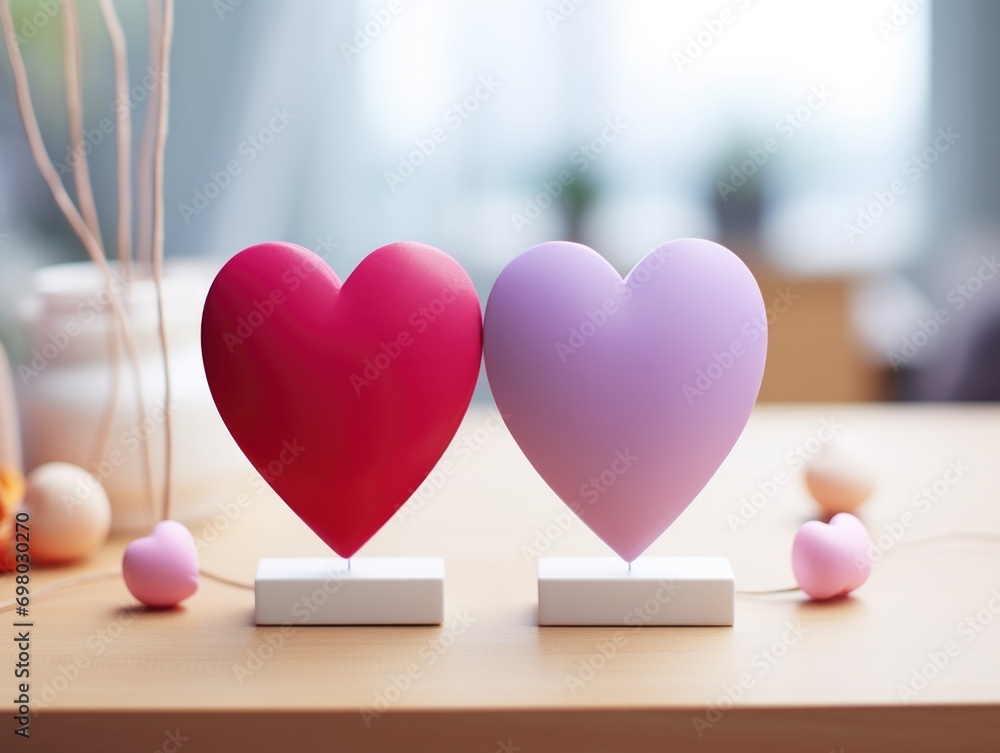 Poster two hearts on a table with a lamp. generative ai.