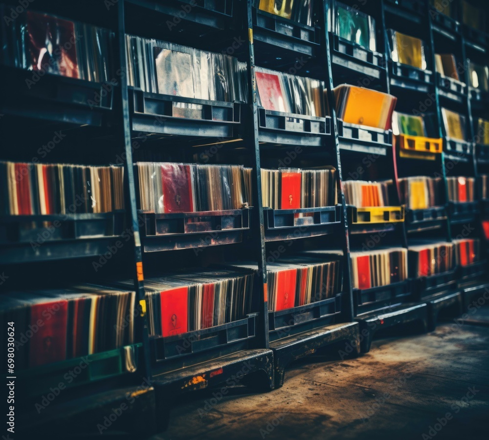 Aufkleber a row of shelves with many different colored records. generative ai.