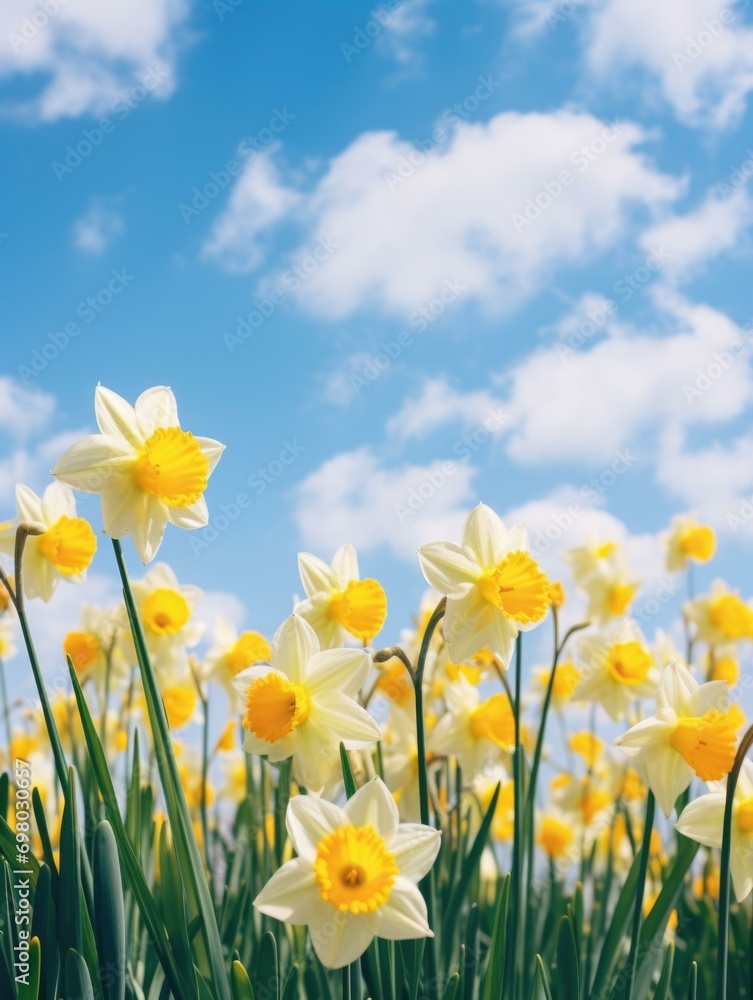 Poster yellow daffodils in a field with blue sky. generative ai.