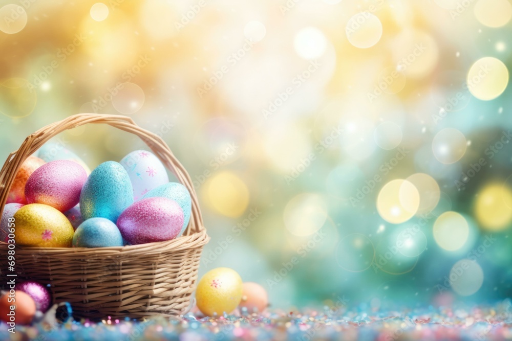 Poster easter eggs in basket on bokeh background. generative ai.