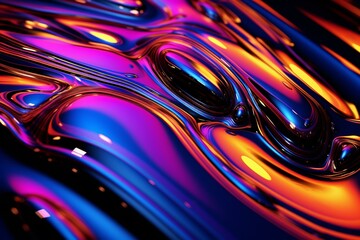 Colorful neon reflections on a dark, smooth liquid background. Generative AI