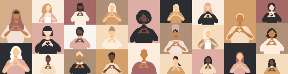 Diverse women with heart-shaped hands stand together. - obrazy, fototapety, plakaty