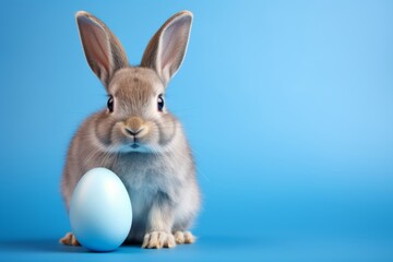 Easter bunny rabbit with blue painted egg on blue background. Easter holiday concept