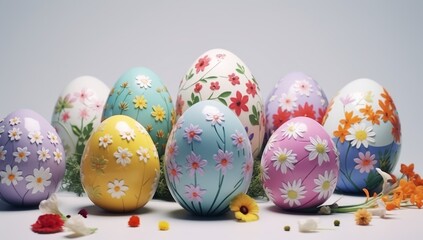 Fototapeta na wymiar Easter Eggs in Bright Colorful Flowers and Grass