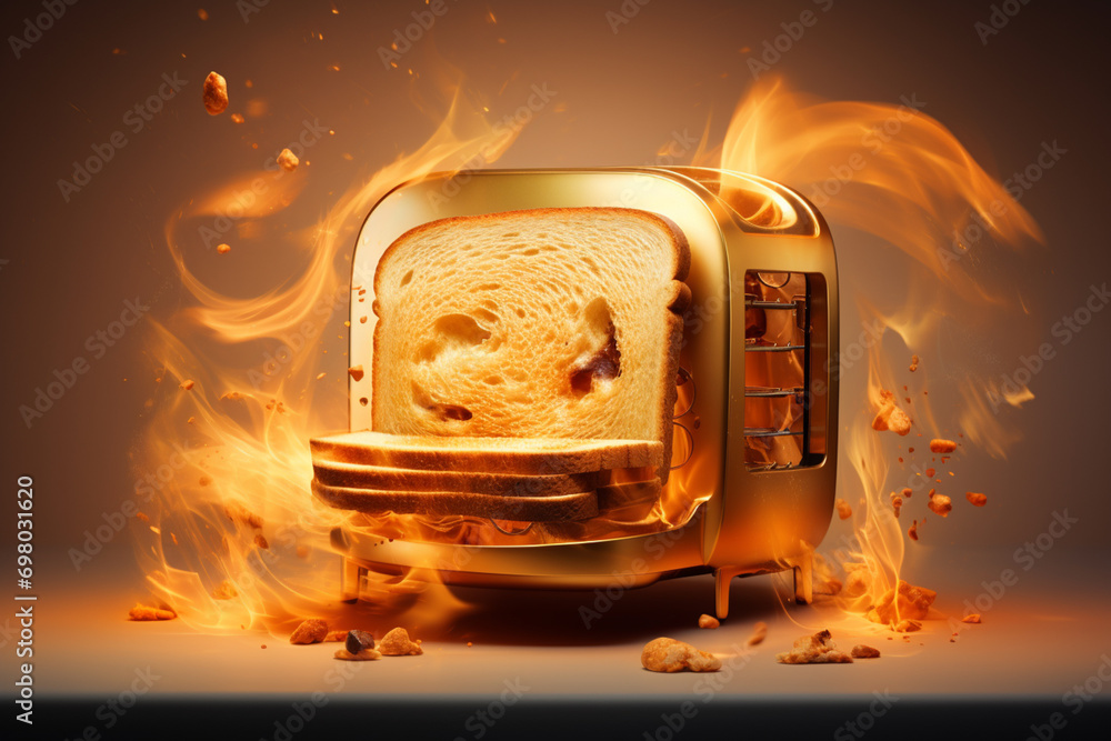 Poster An abstract portrayal of a toaster, with dynamic lines suggesting the process of transforming bread into golden, crispy slices.