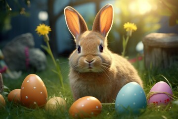 AI generated illustration of a cheerful Easter Bunny surrounded by colorful eggs