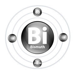 Icon structure chemical element Bismuth (Bi) round shape circle black with surround ring. Period number shows of energy levels of electron. Study science for education. 3D Illustration vector.