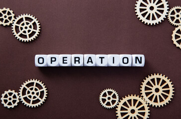 Wooden gears with word Operation. Operation concept
