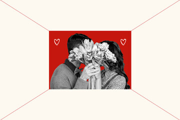 Artwork collage image of two black white effect partners hands hold flowers cover face kiss...