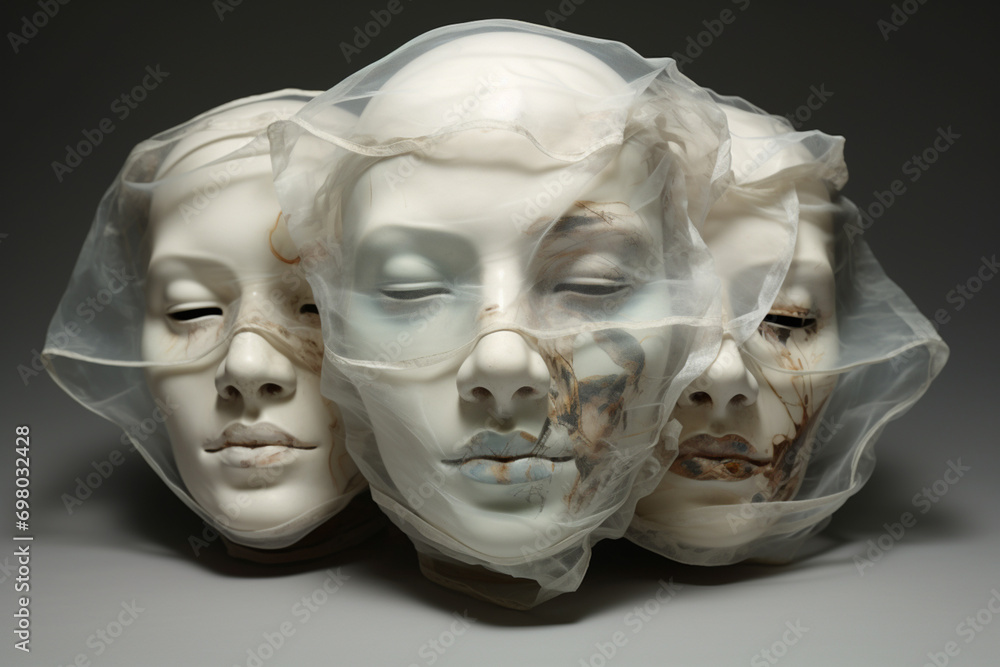 Poster layers of transparent masks, symbolizing the effort to conceal and navigate the complex emotions ass