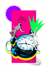 Vertical collage sketch illustration of two young girls lost all deadlines and falling down alarm...