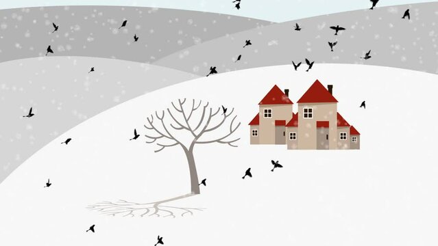 2D Cartoon Animation Winter Landscape with house ,tree and birds