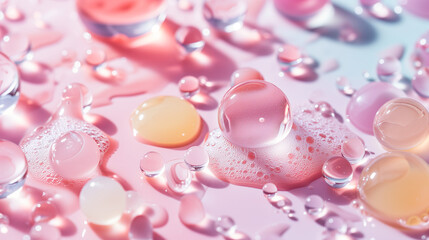  various drops on a multi-colored pastel background. texture of cosmetic product close-up. Gel, serum, facial essence swatch
