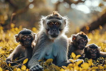 monkey family in the grassland