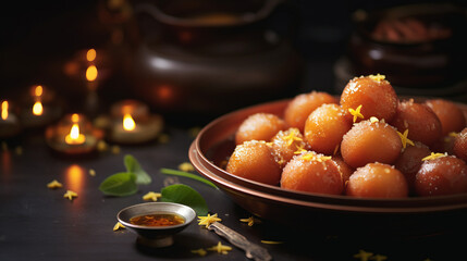 a traditional dish of Indian cooking Gulab Jamun in sugar syrup, served in a dark dish