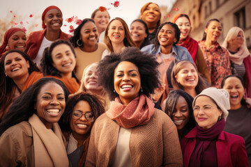 Women's Day, featuring diverse women united in celebration, showcasing empowerment - Powered by Adobe
