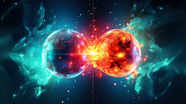 Subatomic proton particle collision. Nuclear fusion concept. Generative AI