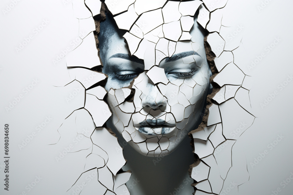 Poster a minimalist depiction of a broken mirror reflecting fragmented and distorted body images, represent