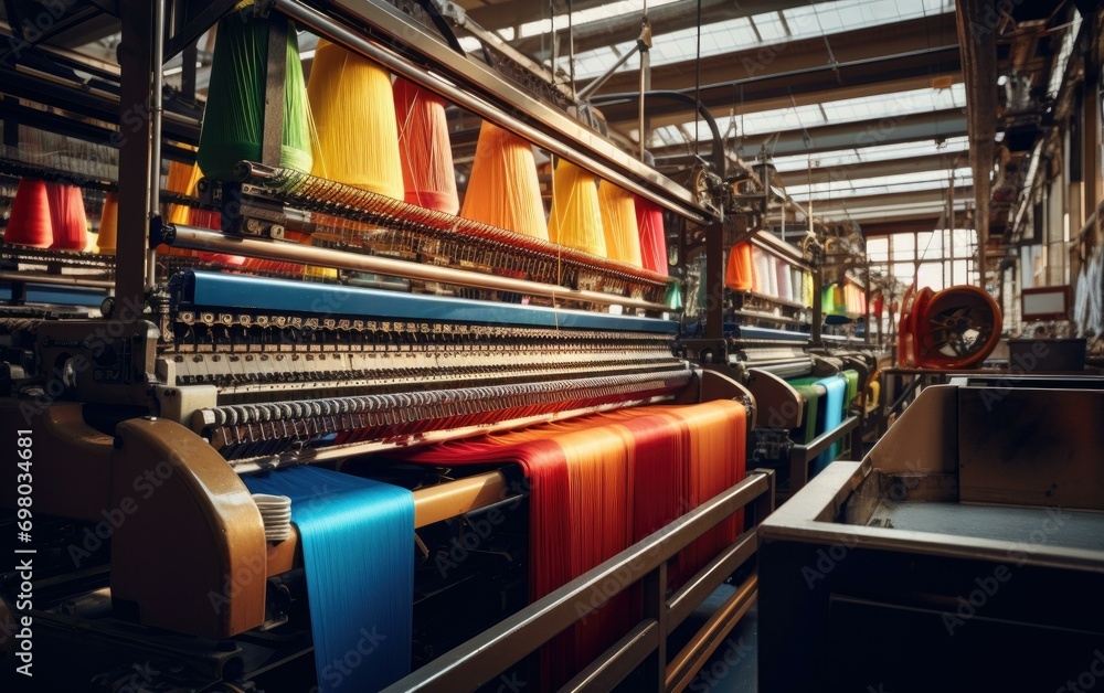 Poster a vibrant textile factory buzzing with automated looms weaving colorful fabrics under natural light.