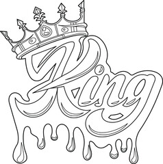 A Vibrant King Logo With A Dripping Paint Effect Outline Vector Illustration. King Text Logo Coloring Page. Crown On King Logo Illustration. 