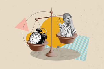 Creative collage picture of scales weighing mini black white colors aged stressed lady big bell...