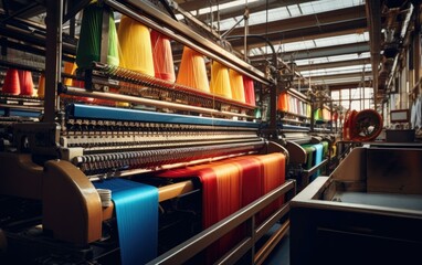 A vibrant textile factory buzzing with automated looms weaving colorful fabrics under natural light. Generative AI.