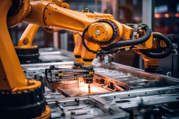 Efficient robots mold and trim rubber parts in a futuristic factory, producing a variety of products with precision. Generative AI.