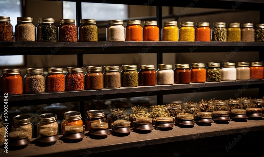 Poster a spice processing plant filled with jars of aromatic spices, creating a captivating blend of scents