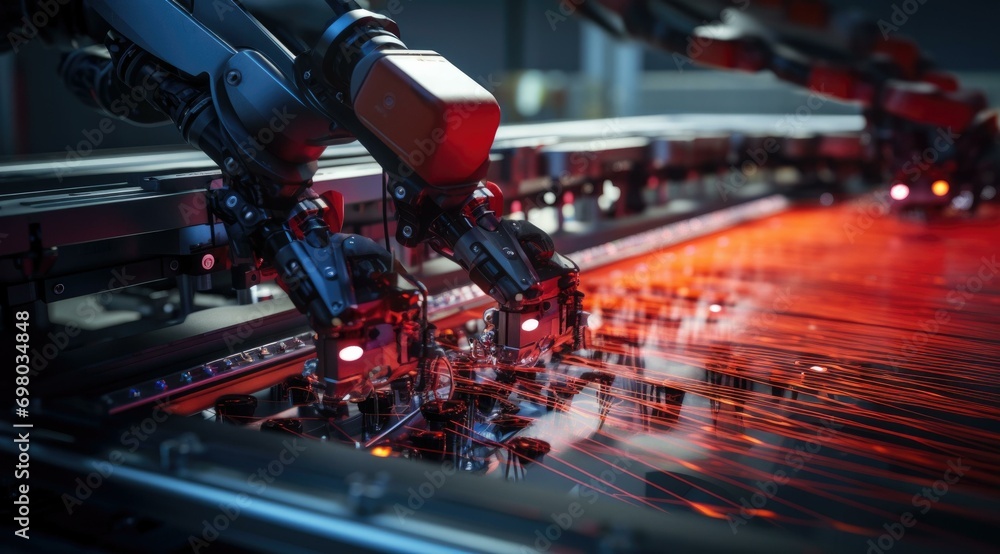 Canvas Prints A futuristic textile manufacturing line with automated robots weaving and stitching fabric, producing high-quality textiles. Generative AI.