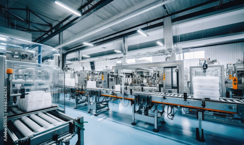 Poster a state-of-the-art food processing facility where robots handle every aspect, from ingredient sortin
