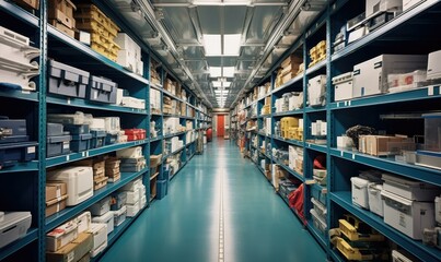 A well-stocked warehouse aisle with crates and shelves full of engine parts and maintenance supplies for a cruise ship. Generative AI.