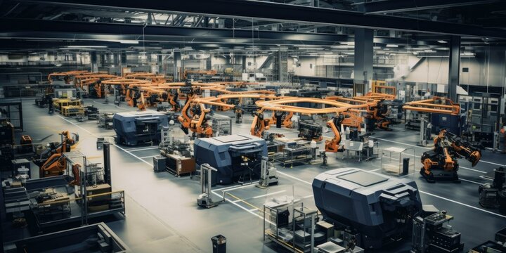 A state-of-the-art drone manufacturing facility, bustling with robotic assembly lines and advanced testing areas. Generative AI.