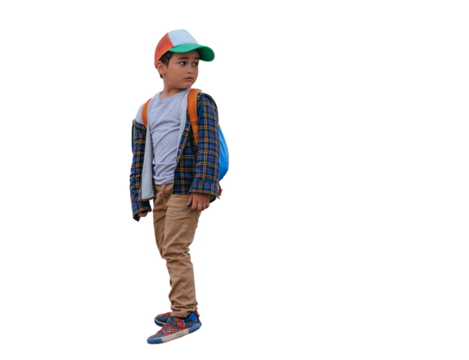 Sad Little tanned boy in casual clothes standing at beach against blurry view on city. Hispanic kid  feels loneliness. Childhood, lids emotions.