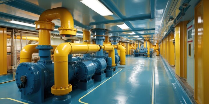 An advanced bilge water treatment system, ensuring environmental compliance with yellow and blue pipes. Generative AI.