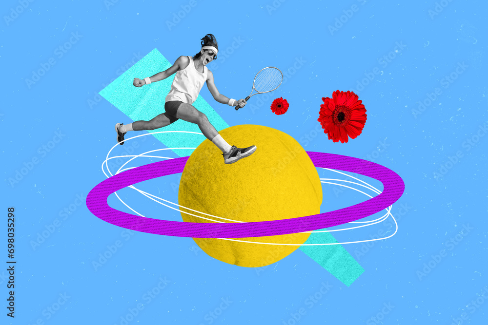 Sticker Image placard collage artwork idea tennis player sports man holding raquete and running as winner isolated on blue color background