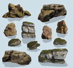 collection de rochers et roches minérales isolés sur fond bleu