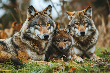 Naklejka na ściany i meble wolf family in the grassland